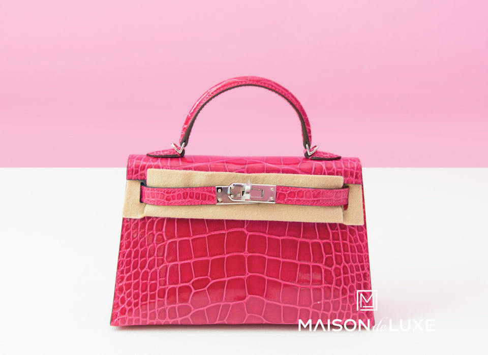 Hermes Rose Extreme PHW Crocodile Mini Kelly II 20 cm