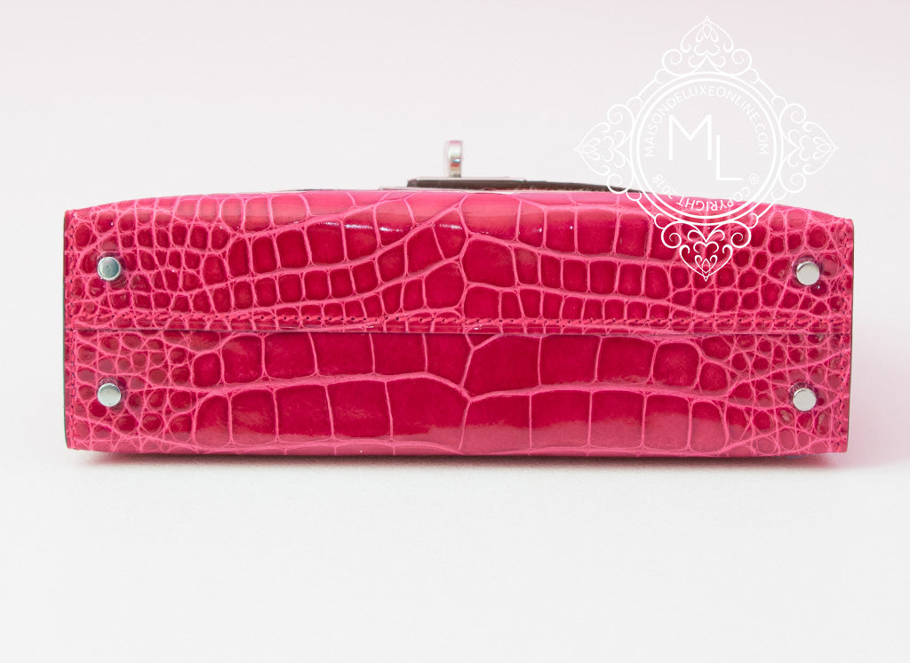 Hermes Rose Extreme Pink Mini Kelly 20 Crocodile Pochette Clutch