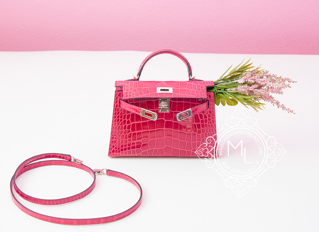 Hermes 5P Bubblegum Pink Crocodile Mini Kelly II 20 cm - MAISON de LUXE