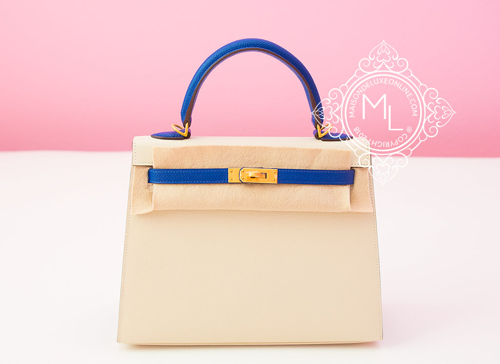 Hermes Kelly 25 Craie and Bleu Electrique Epsom Retourne HSS Brushed Phw