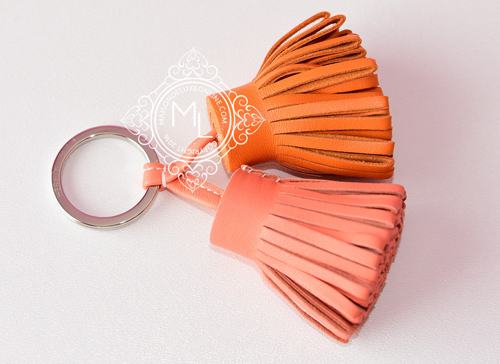 Hermes Orange Shopping Sac Bag Charm Key Chain Pom Pom Carmen