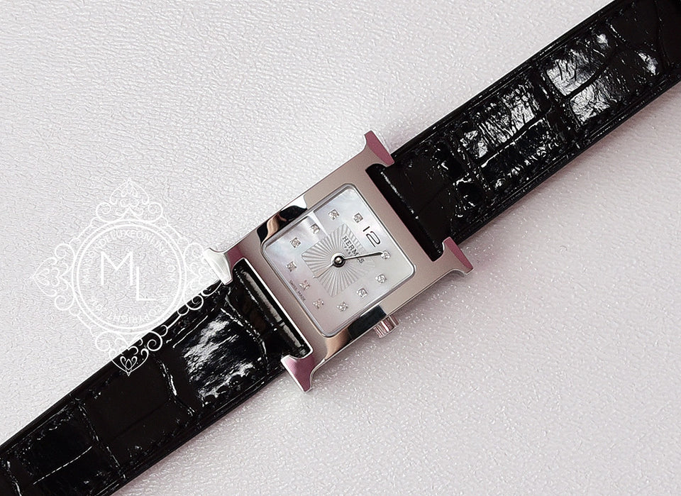 Hermes Diamond H Hour Watch PM Black Crocodile Strap - New - MAISON de LUXE - 6