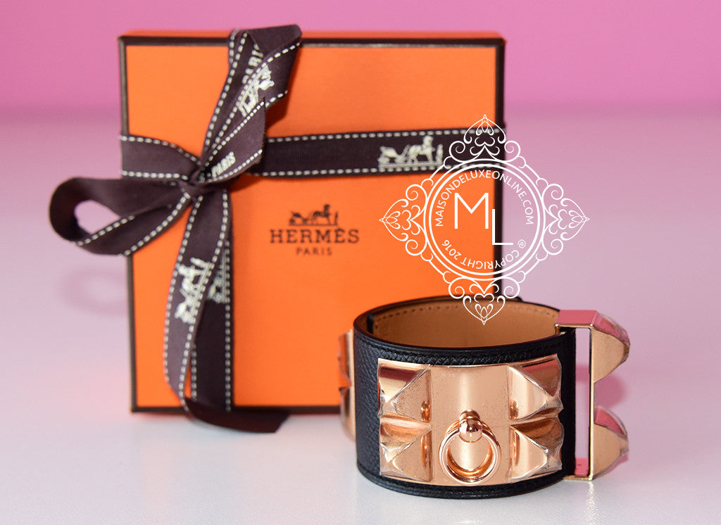 Hermes Noir Black Rose Gold Epsom Collier De Chien Bracelet Cuff S - MAISON  de LUXE