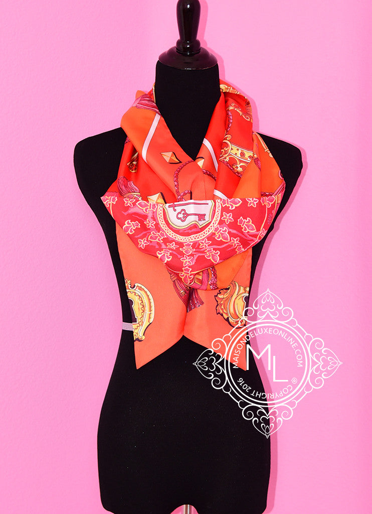 Hermes Corail Orange Rouge Les Clés Silk Maxi Twilly Shawl Scarf Wrap - New - MAISON de LUXE - 1