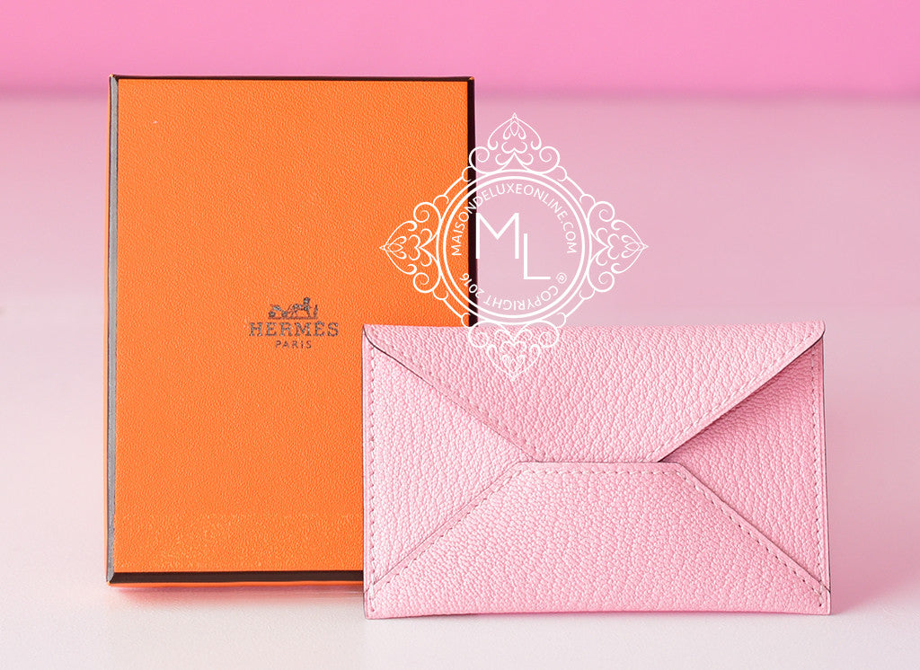 Hermes Rose Sakura Chèvre Mysore Envelope Card Case Holder - New - MAISON de LUXE - 1