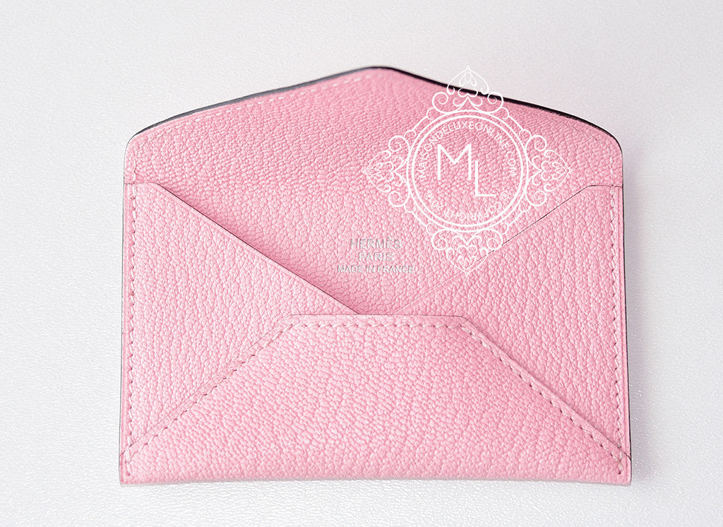 Hermes Rose Sakura Chèvre Mysore Envelope Card Case Holder - MAISON de LUXE