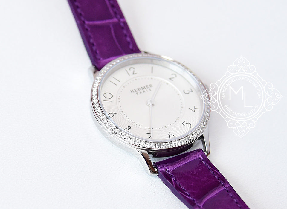Hermes Diamond Slim d'Hermès Purple Crocodile Watch MM - New - MAISON de LUXE - 1