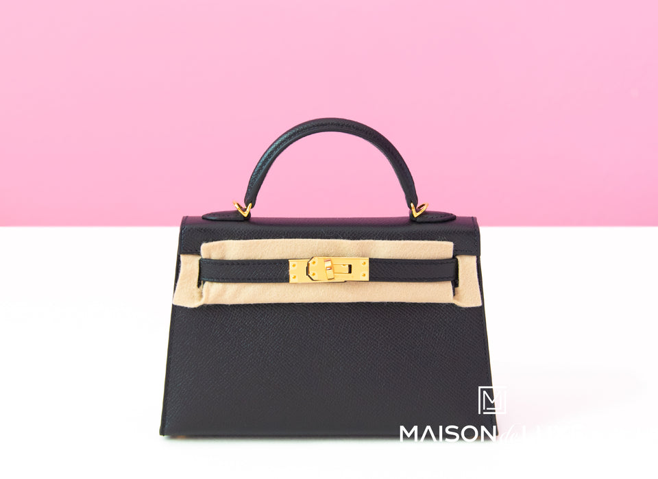 Hermes Noir Black GHW Epsom Mini Kelly II 20 cm