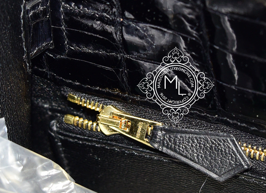 Hermès Kelly 28 Noir (Black) Sellier Crocodile Niloticus Lisse Palladi —  The French Hunter