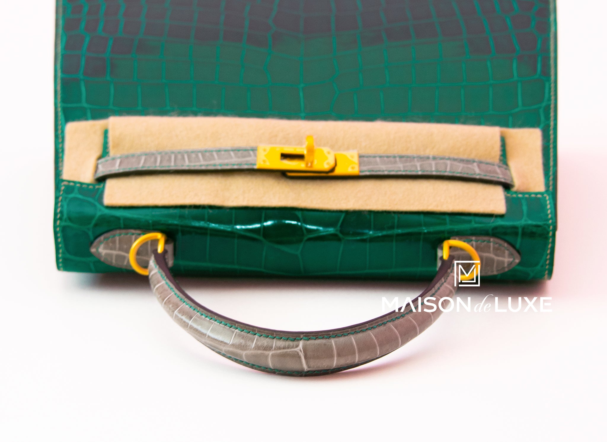 Hermes Vert Emeraude & Gris Tourterelle HSS Crocodile Sellier Kelly 25  Handbag