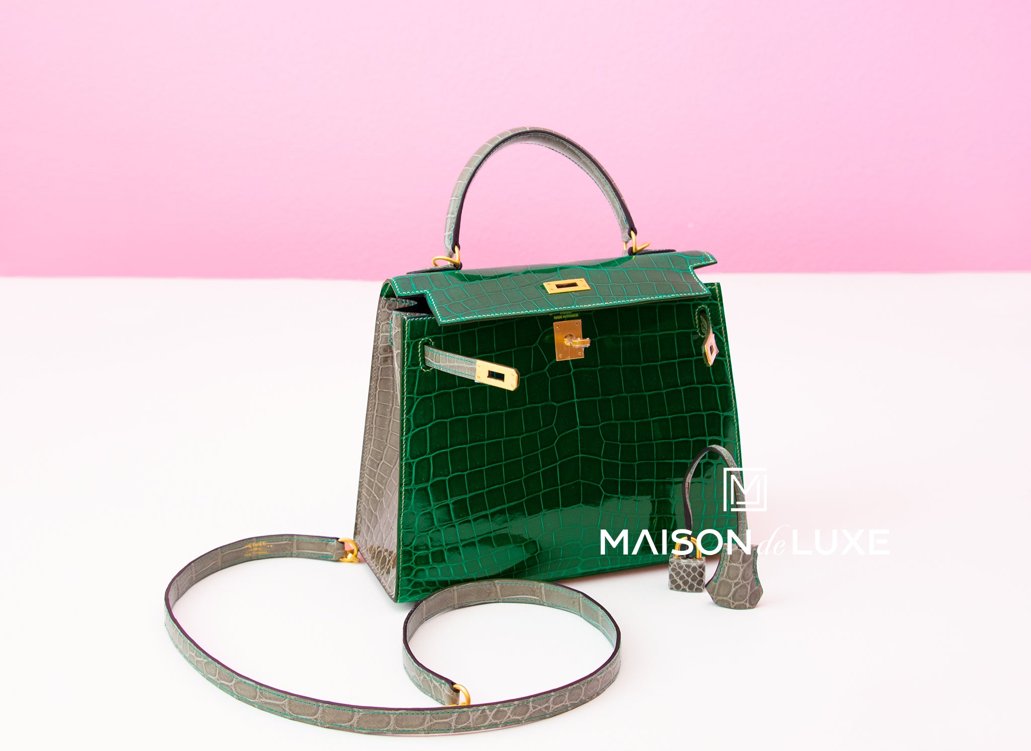 Hermes Vert Emeraude & Gris Tourterelle HSS Crocodile Sellier Kelly 25 –  MAISON de LUXE