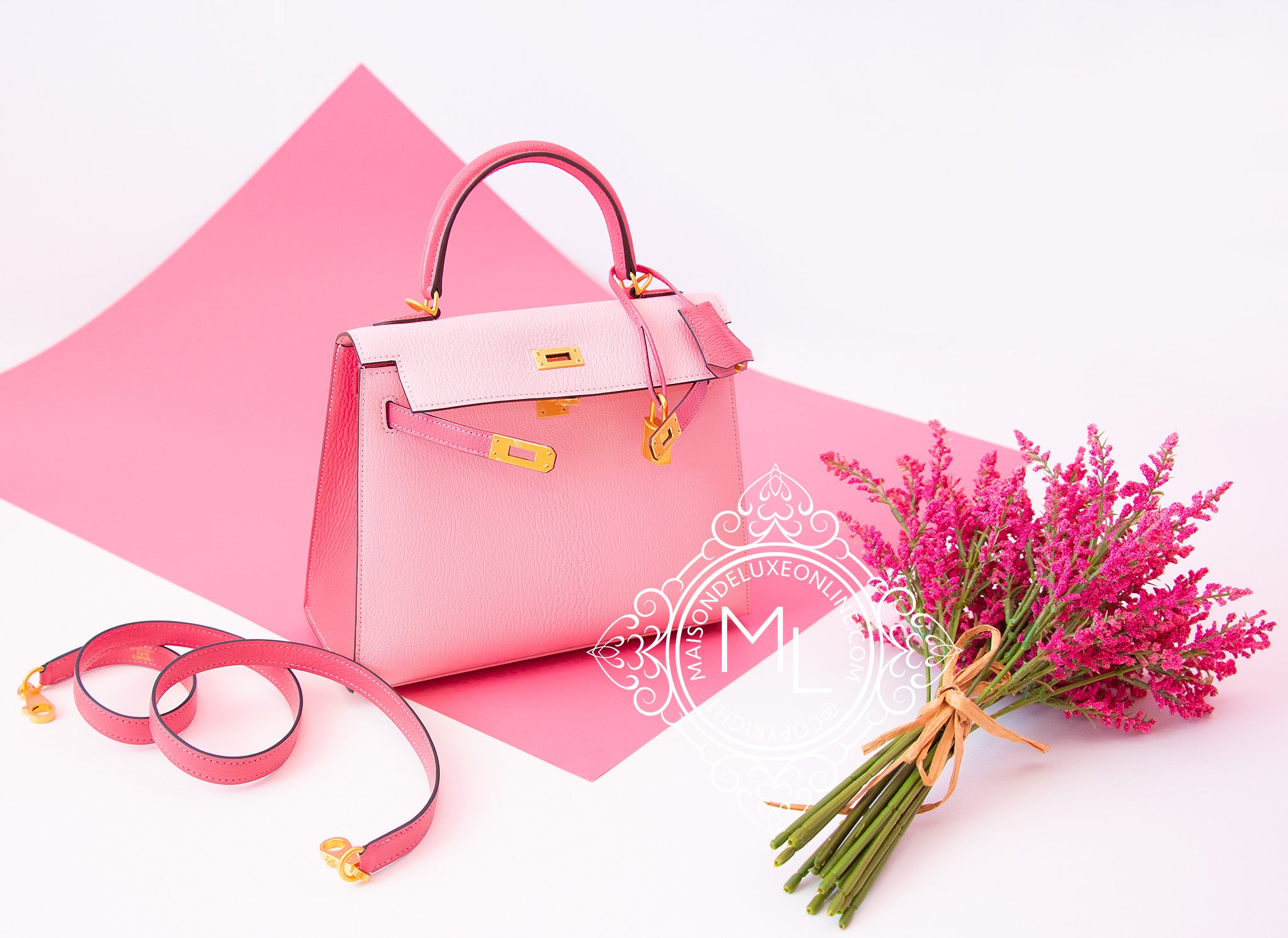 Hermes Special Order (HSS) Kelly Sellier 25 Rose Sakura and Nata Chevre  Brushed Gold Hardware