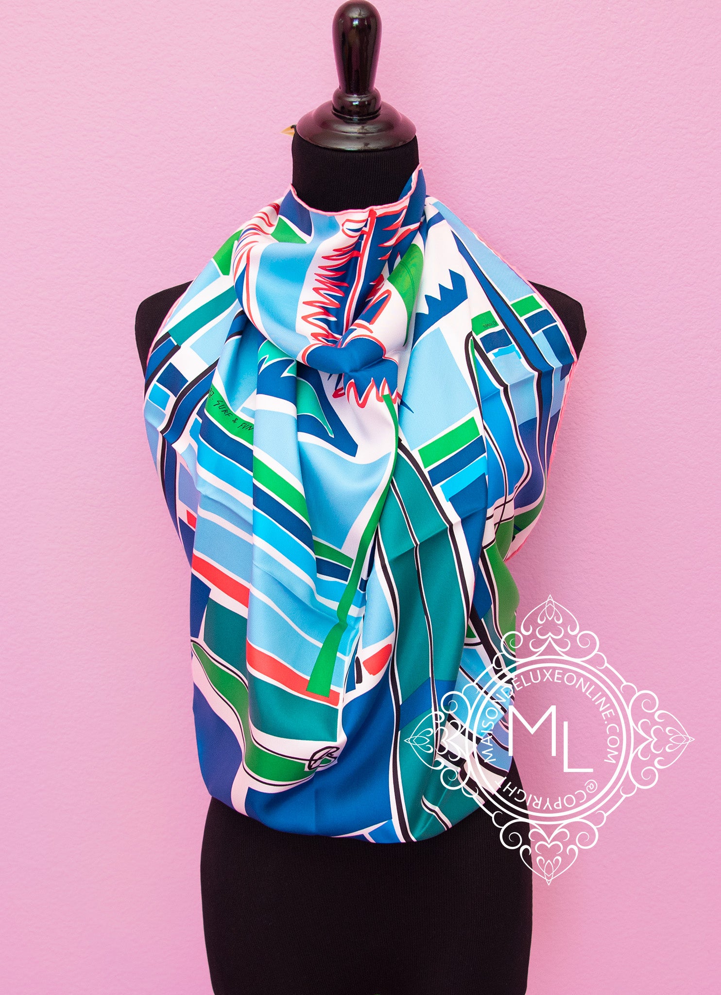 Hermes Pink/Blue Surfing Print Silk Tie Hermes