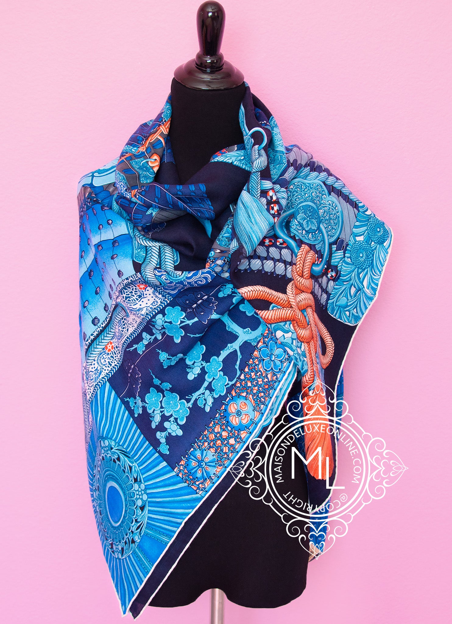 Hermes Cashmere 140 GM Blue Parures de Samouraïs Shawl Scarf