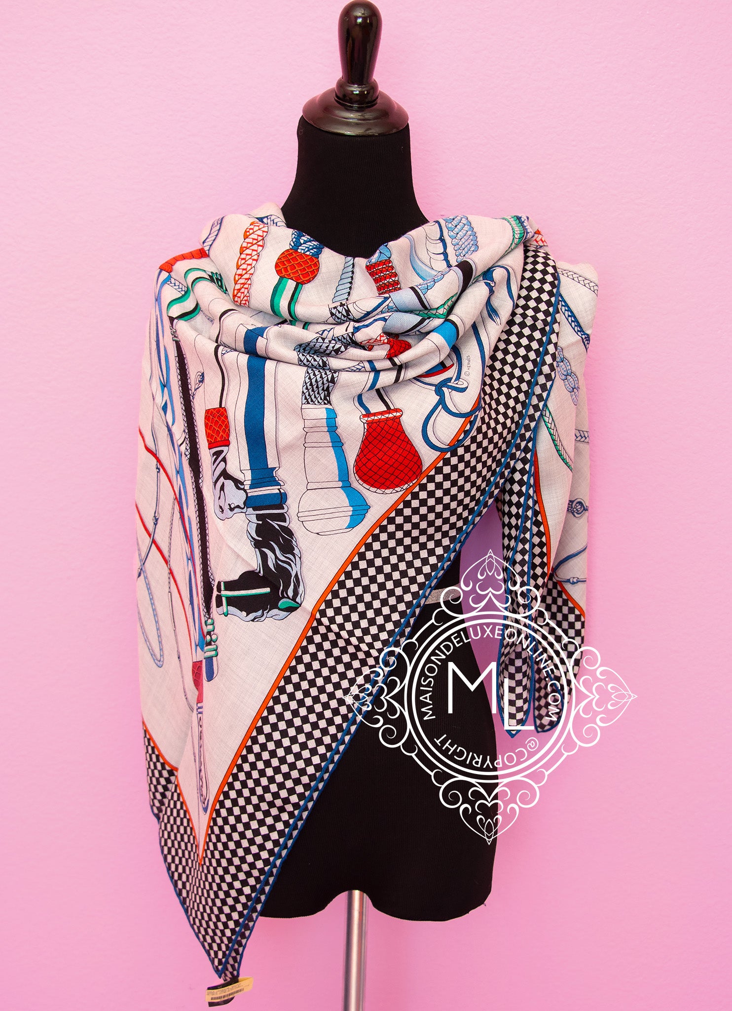 Hermes Cashmere 140 GM Gray Fouets et Badines Shawl Scarf Stole