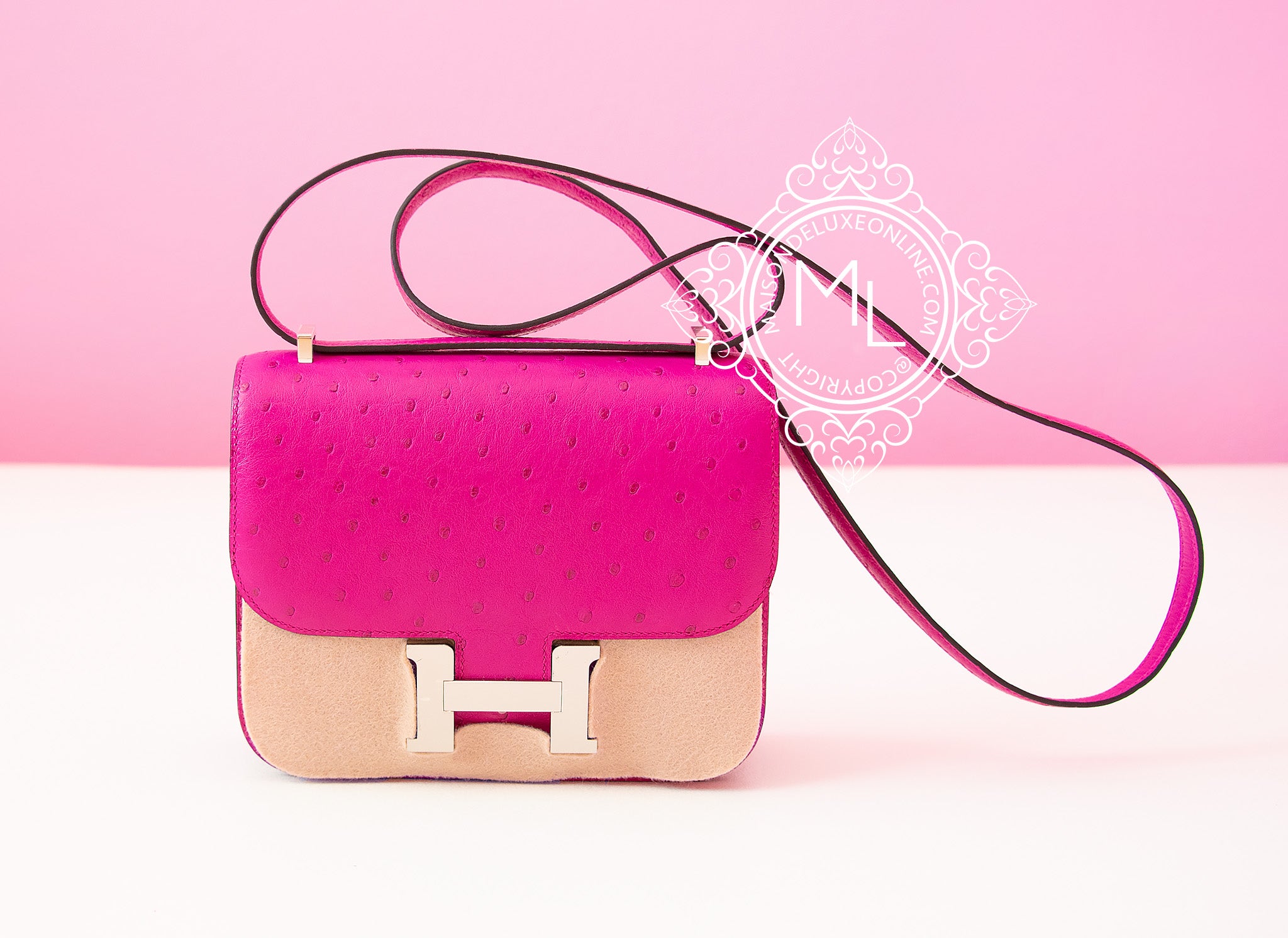 Hermes Pink Rose Pourpre Ostrich Constance Mini 18/19 Handbag Bag