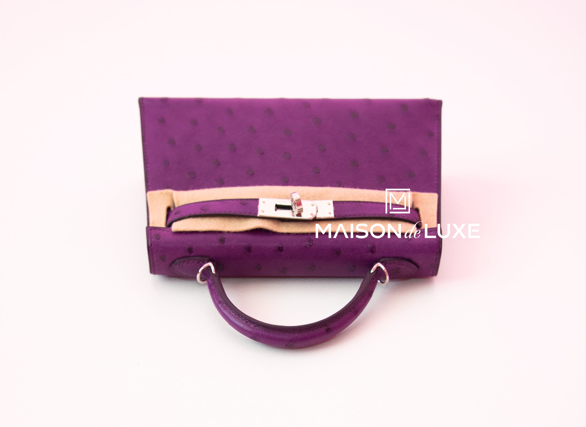 Hermes Violine PHW Ostrich Mini Kelly II 20 cm - MAISON de LUXE