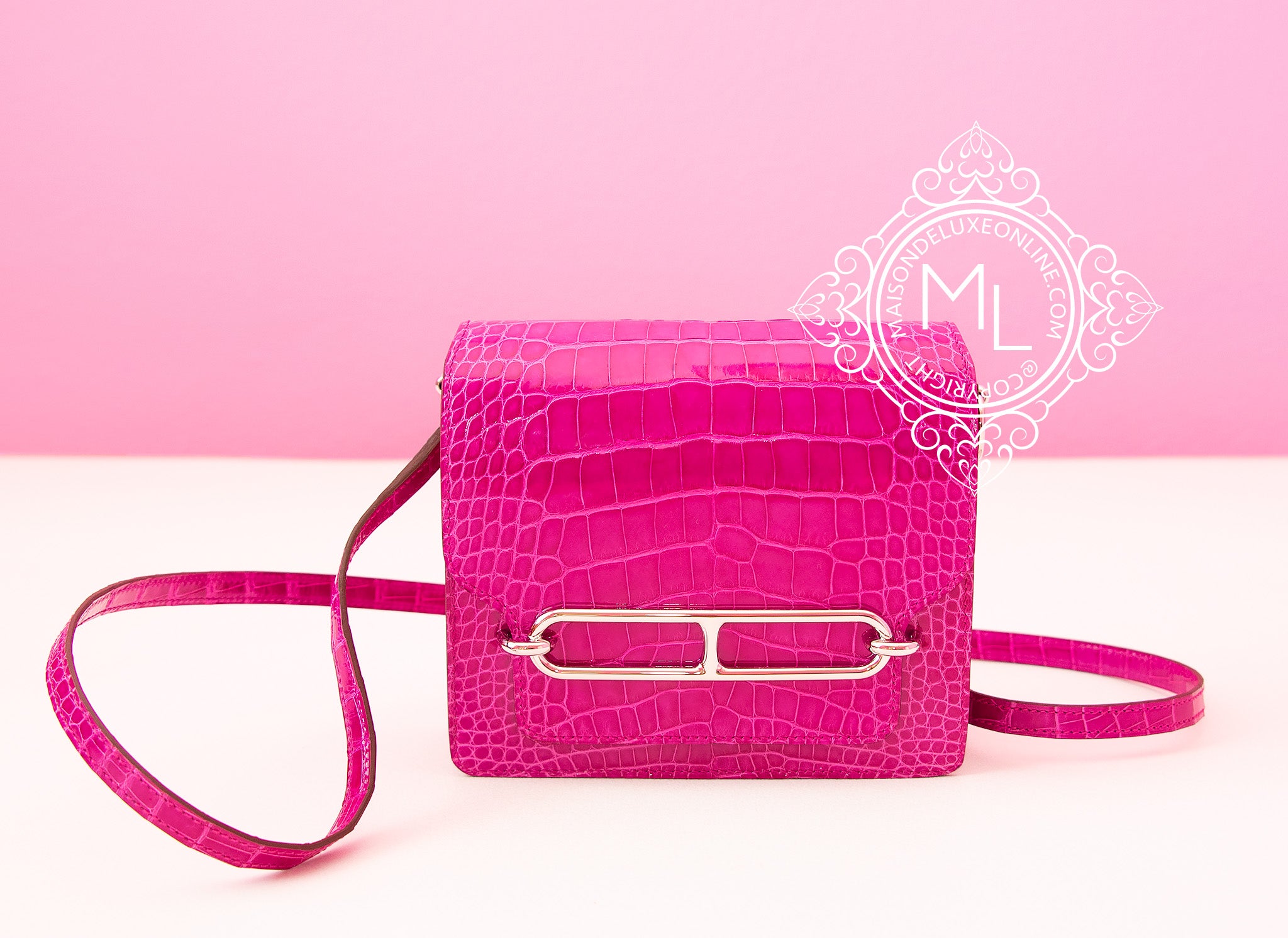 Hermes Pink Rose Scheherazade Crocodile Roulis Handbag Bag