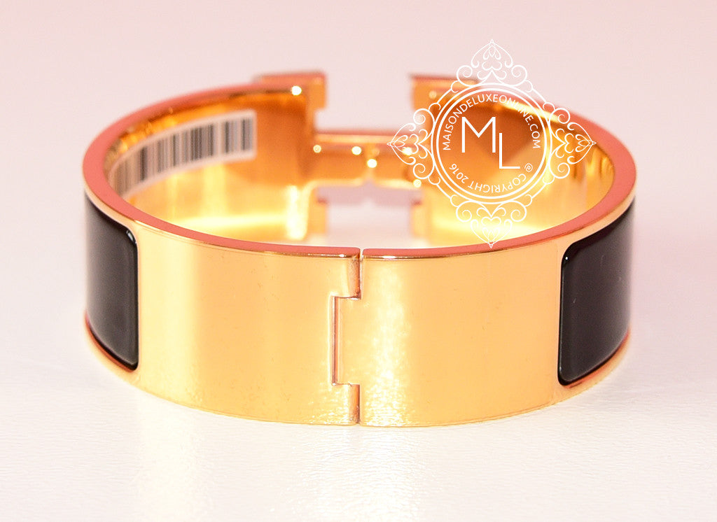 Hermès Clic Clac H Bracelet - Black & Gold, Enamel, 17.7 cm/20 mm