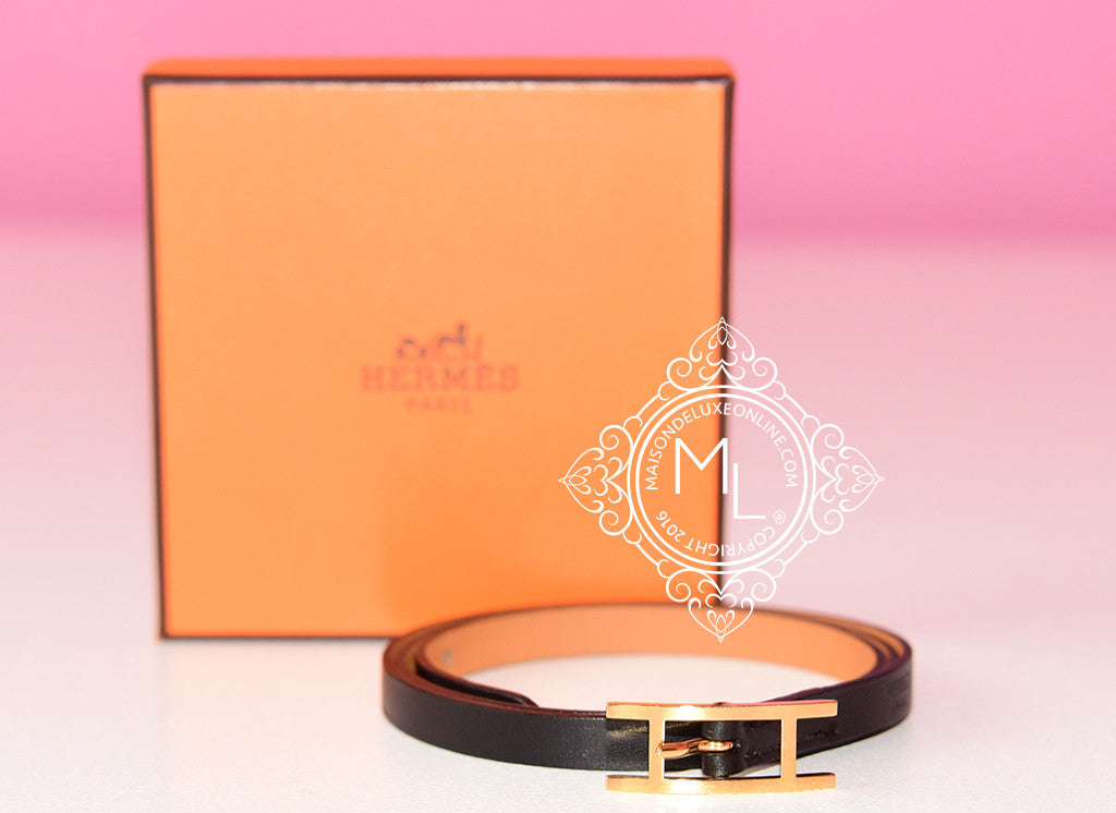 Hermes Noir Black GHW Hapi Triple Tour Leather Bracelet Cuff CDC