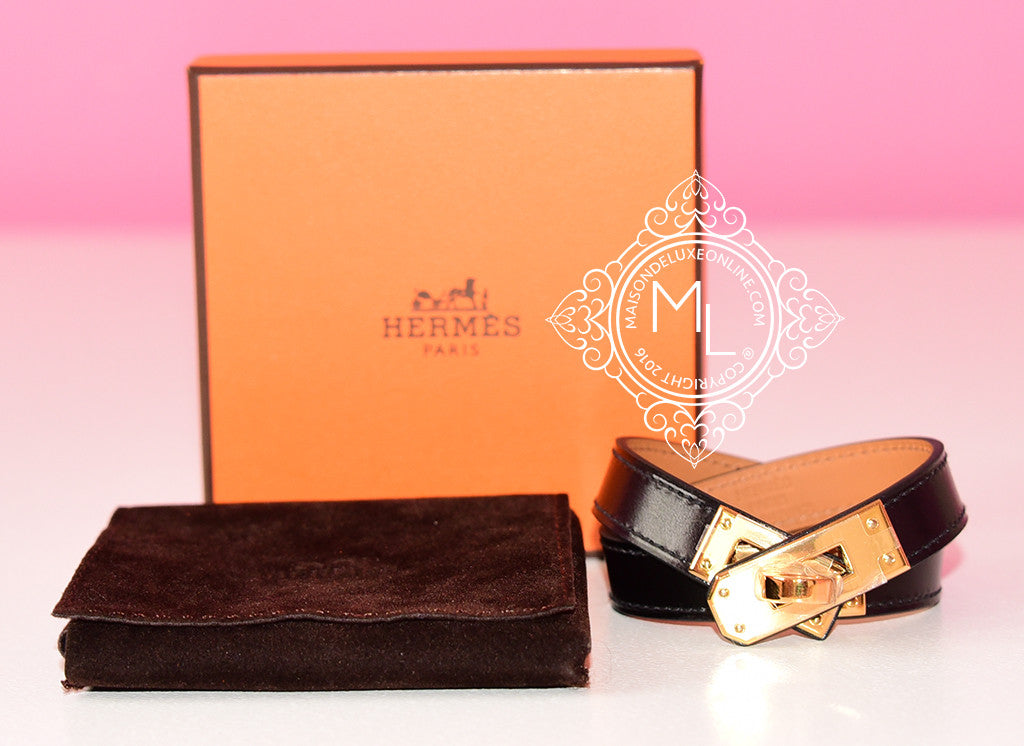 Hermes Noir Black GHW Kelly Double Tour Bracelet Cuff M