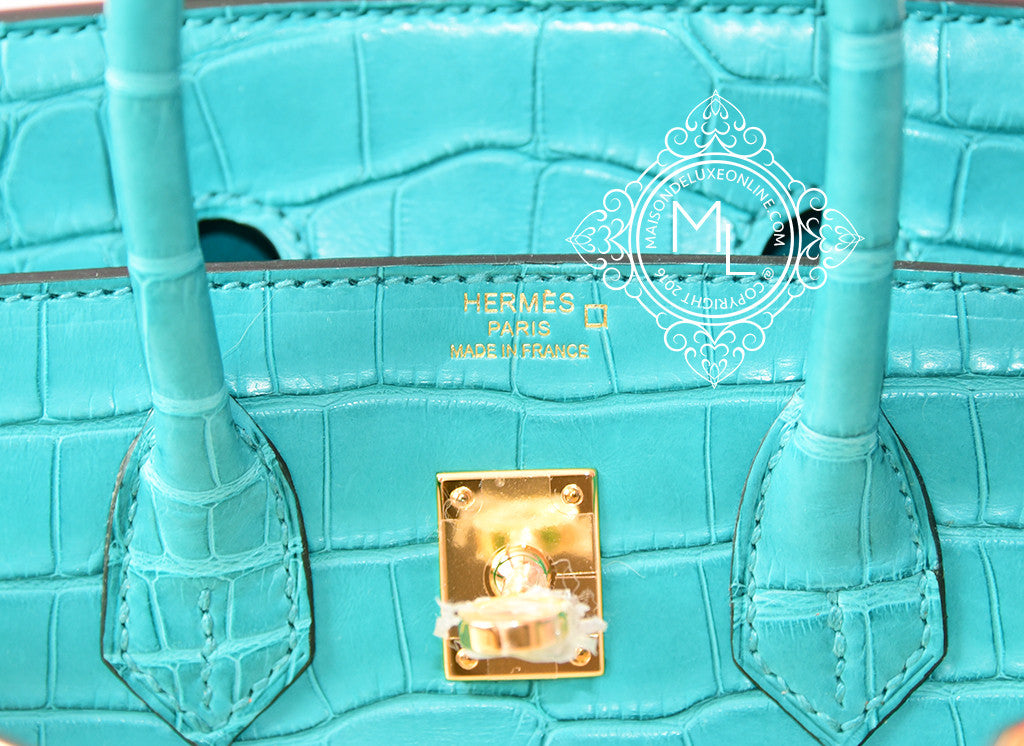 Hermes Mykonos Blue Crocodile Gold Birkin 25 Handbag - MAISON de LUXE