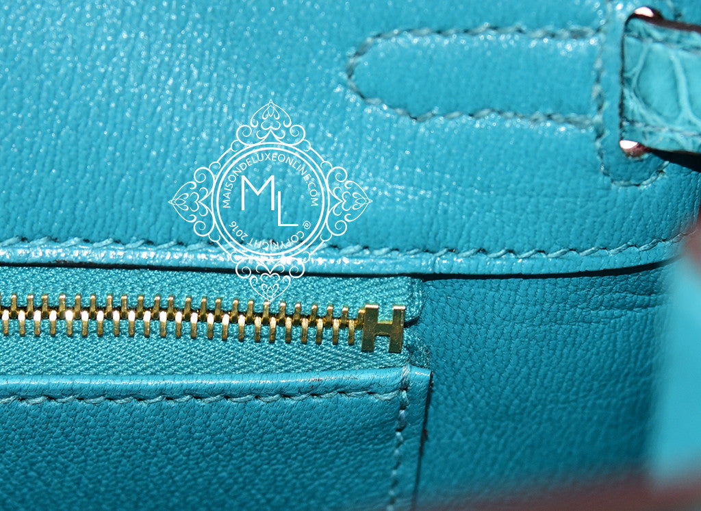 Hermes Blue Paon Lagon Turquoise Crocodile Gold Birkin 25 Handbag