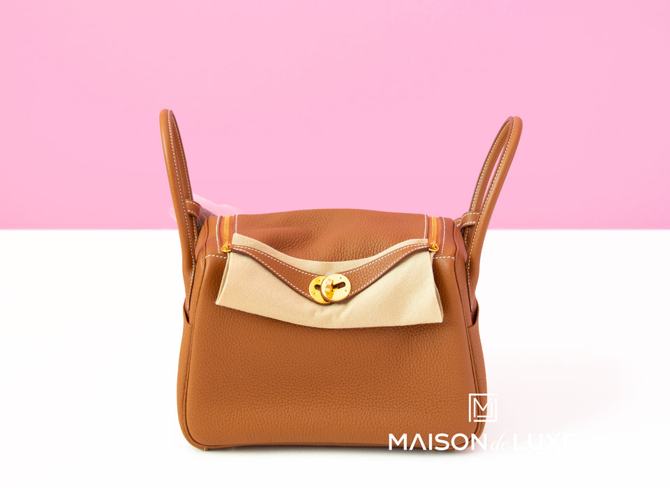 Hermes Gold Brown Clemence Lindy 26 Handbag