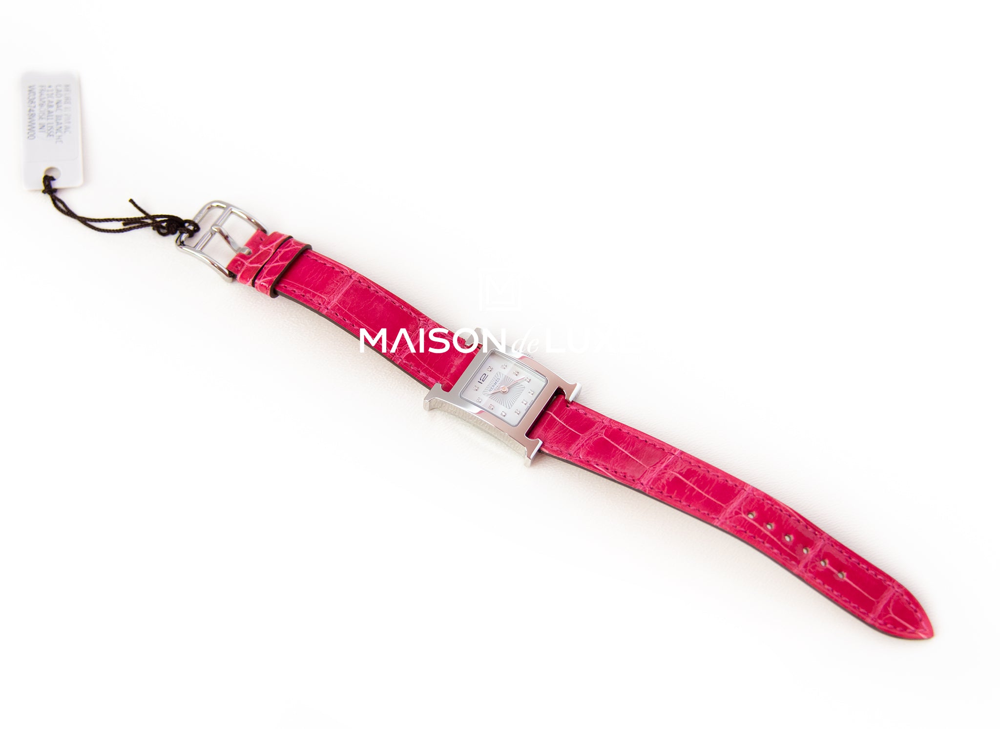 Hermes Diamond H Hour Heure Watch Raspberry Pink Crocodile Strap