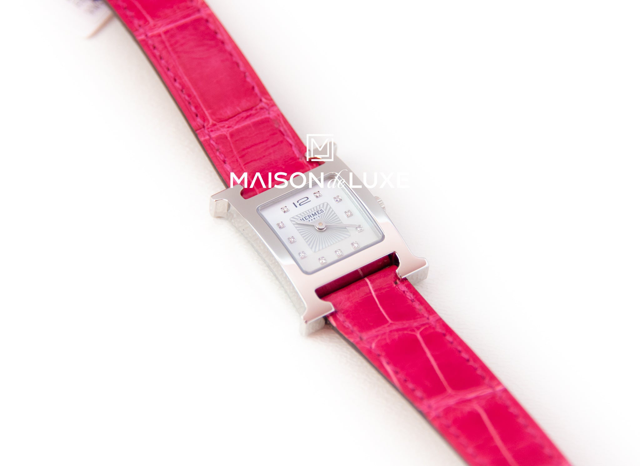 Hermes Diamond H Hour Heure Watch Raspberry Pink Crocodile Strap