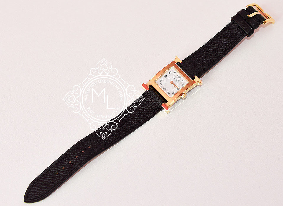 Hermes Gold H Hour Watch PM Black Strap Bracelet