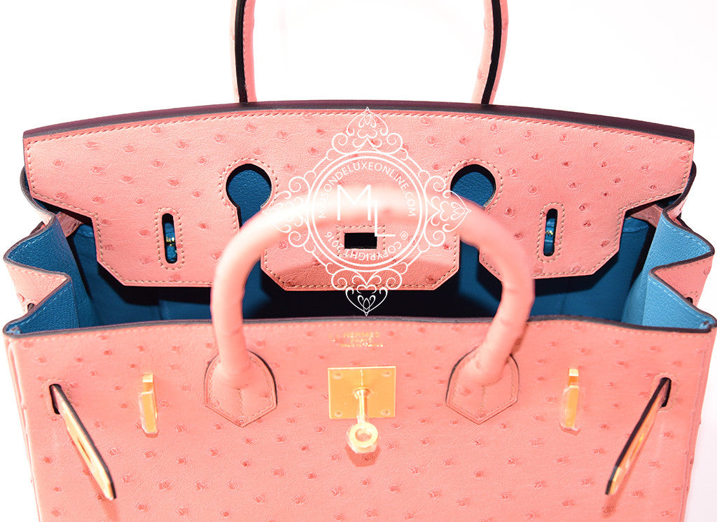 HERMES NEW Birkin 25 Special Order Blue Pink Ostrich Exotic Rose Gold Tote  Bag For Sale at 1stDibs