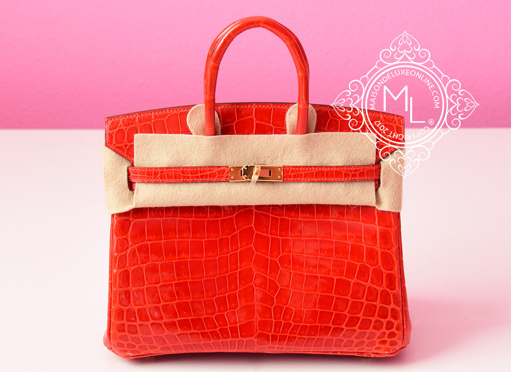 Hermes Geranium Red Crocodile Gold Birkin 25 Handbag Kelly