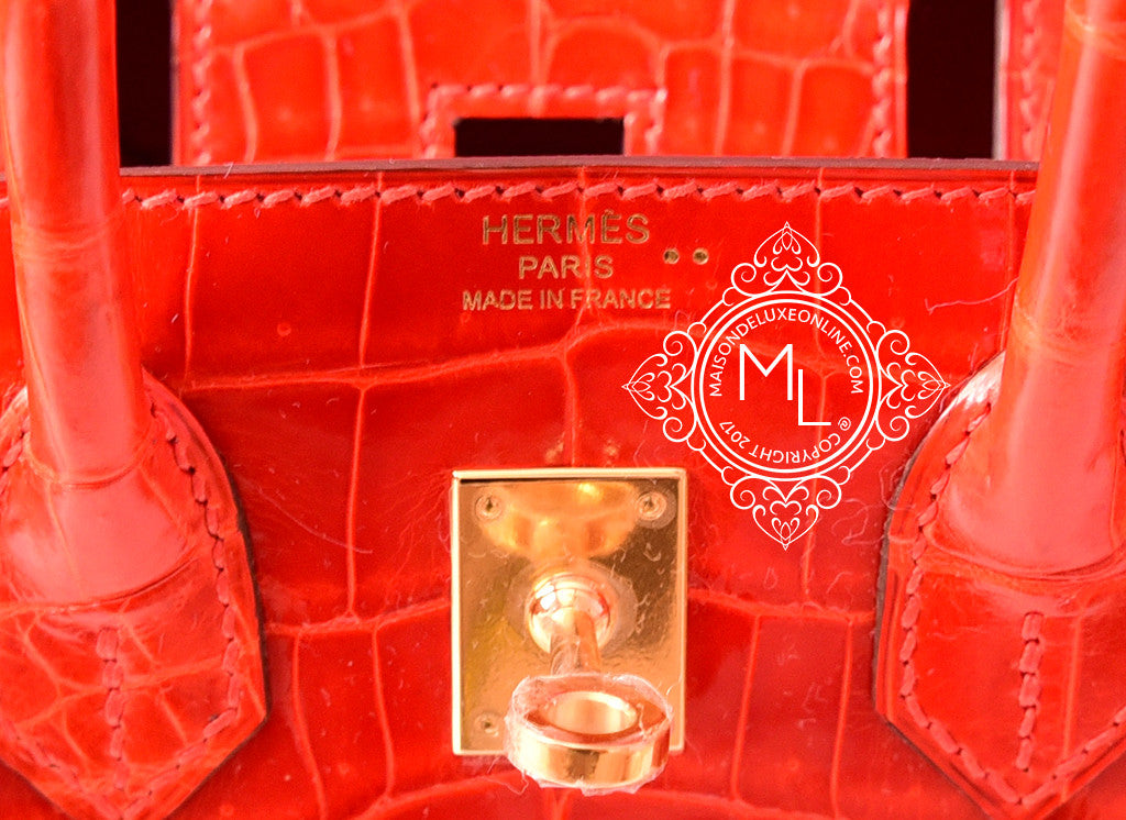 Hermes Geranium Red Crocodile Gold Birkin 25 Handbag Kelly Constance –  MAISON de LUXE