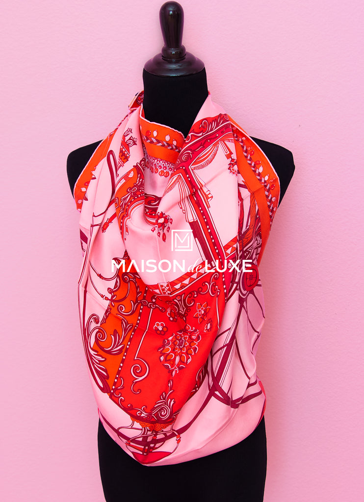 Hermes "Coupe de Gala" Red Pink Wash Twill Silk 90 cm Scarf