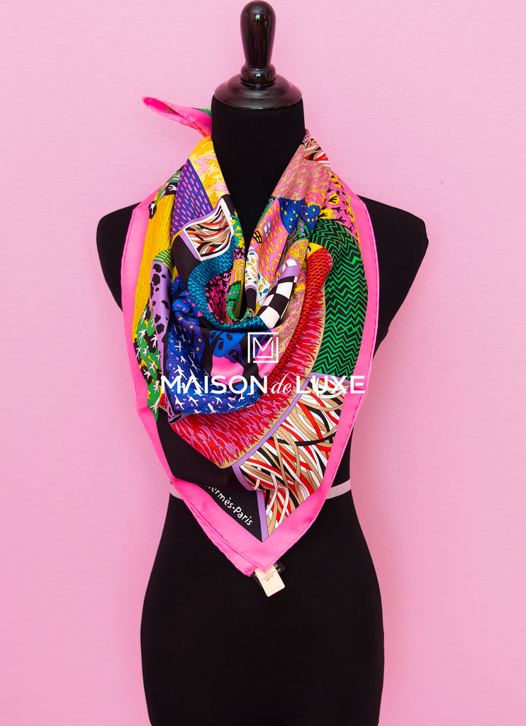Hermes "A Travers Champs" Pink Twill Silk 90 cm Scarf