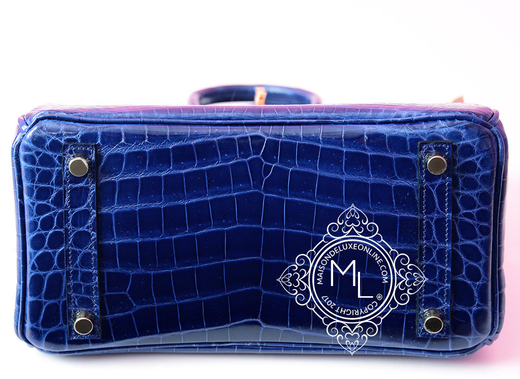 Hermes Blue Saphir Sapphire Crocodile Gold Birkin 25 Handbag