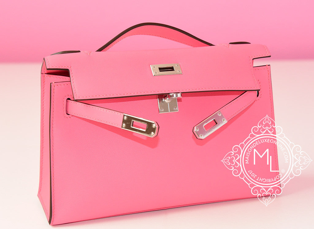 Hermes Kelly Cut Pink Rose Azalee Clutch Bag Swift Palladium New