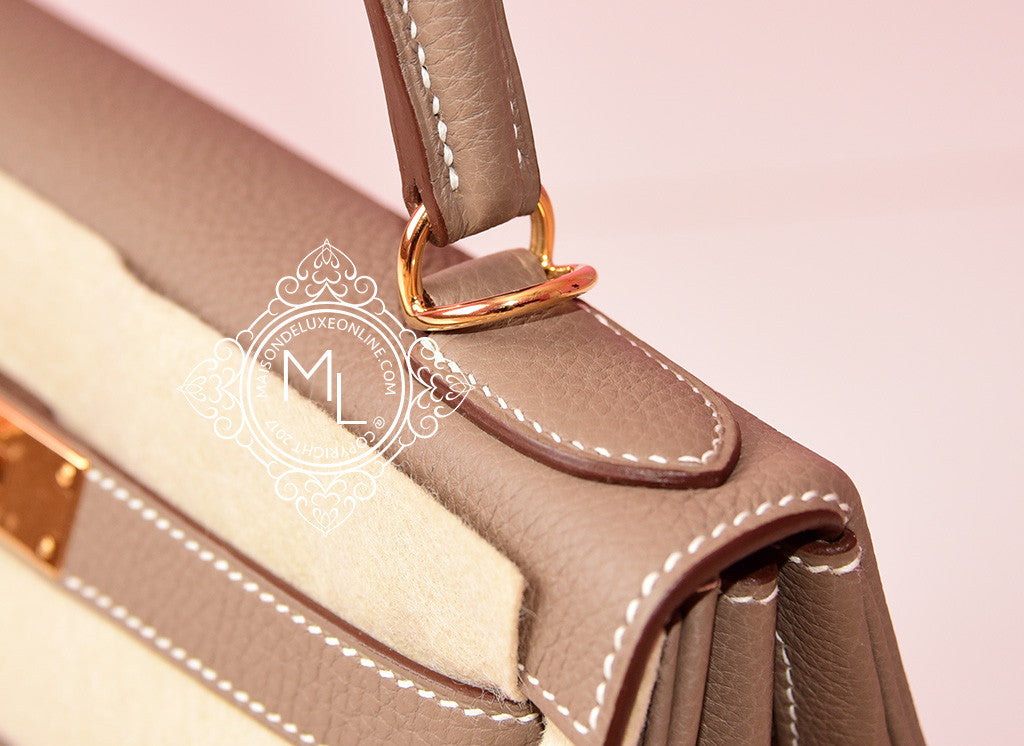 Hermès Kelly Elan In Etoupe Veau Madame Leather With Gold Hardware in White