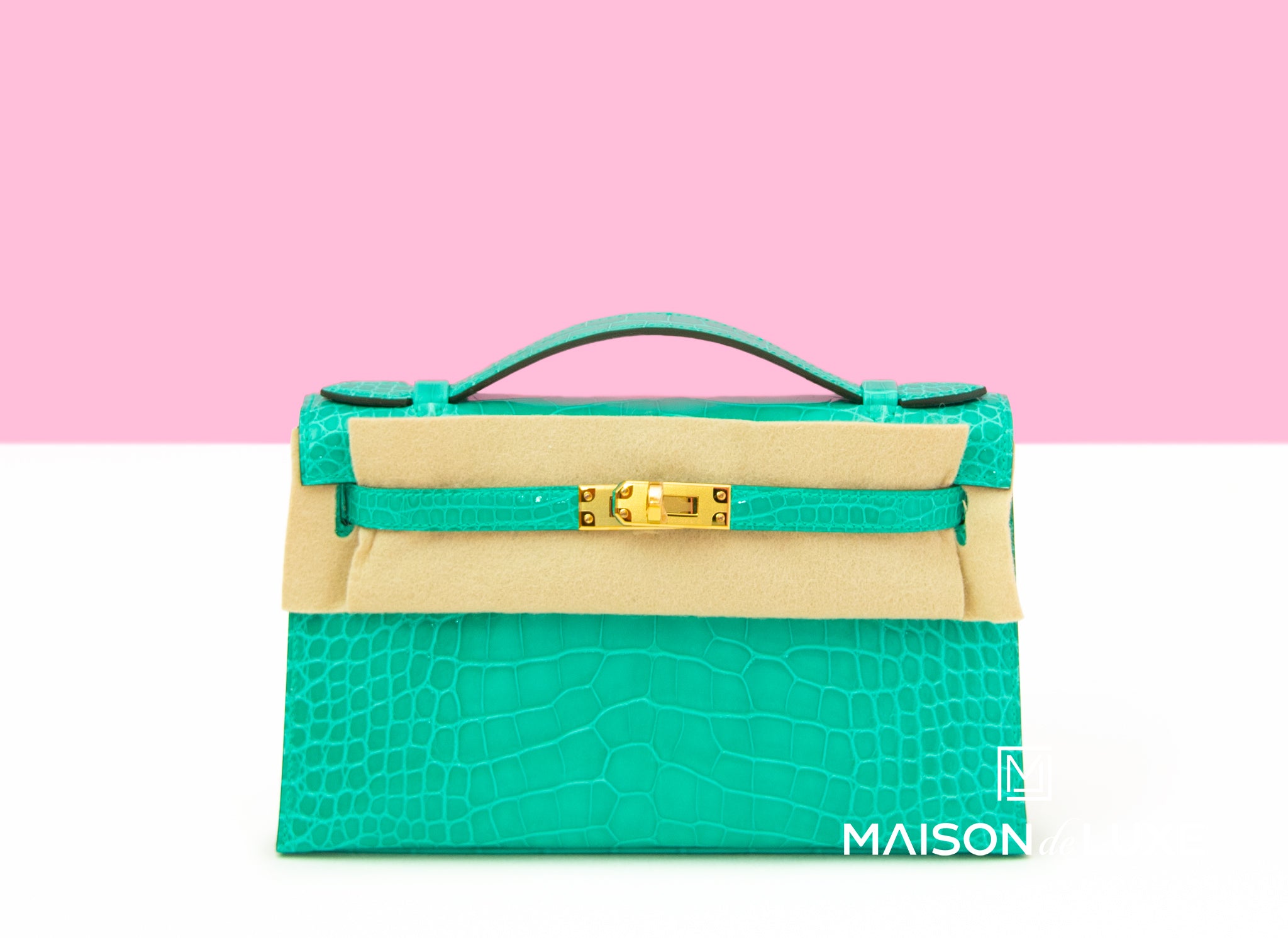 Hermes Mini Kelly Pochette Vert Jade Green Crocodile Alligator Clutch