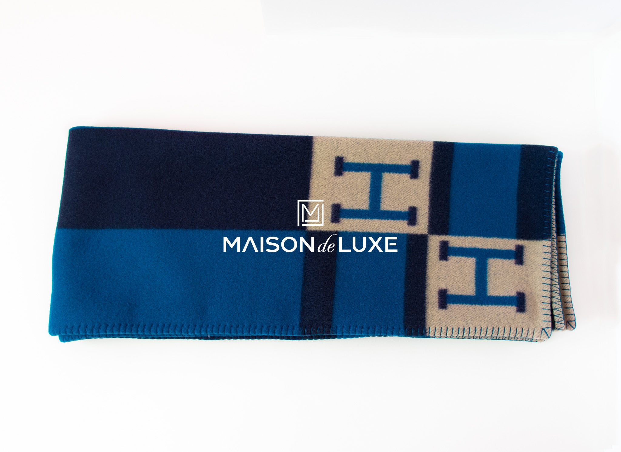 Hermes Marine Blue Wool Cashmere Home de H Bayaderen Blanket LUXE MAISON Avalon Throw –