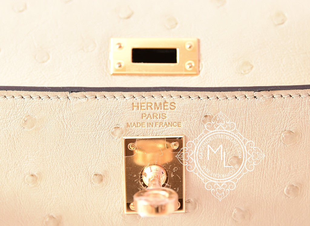 Hermes Parchment Ostrich Kelly Pochette Bag with Gold Hardware. X