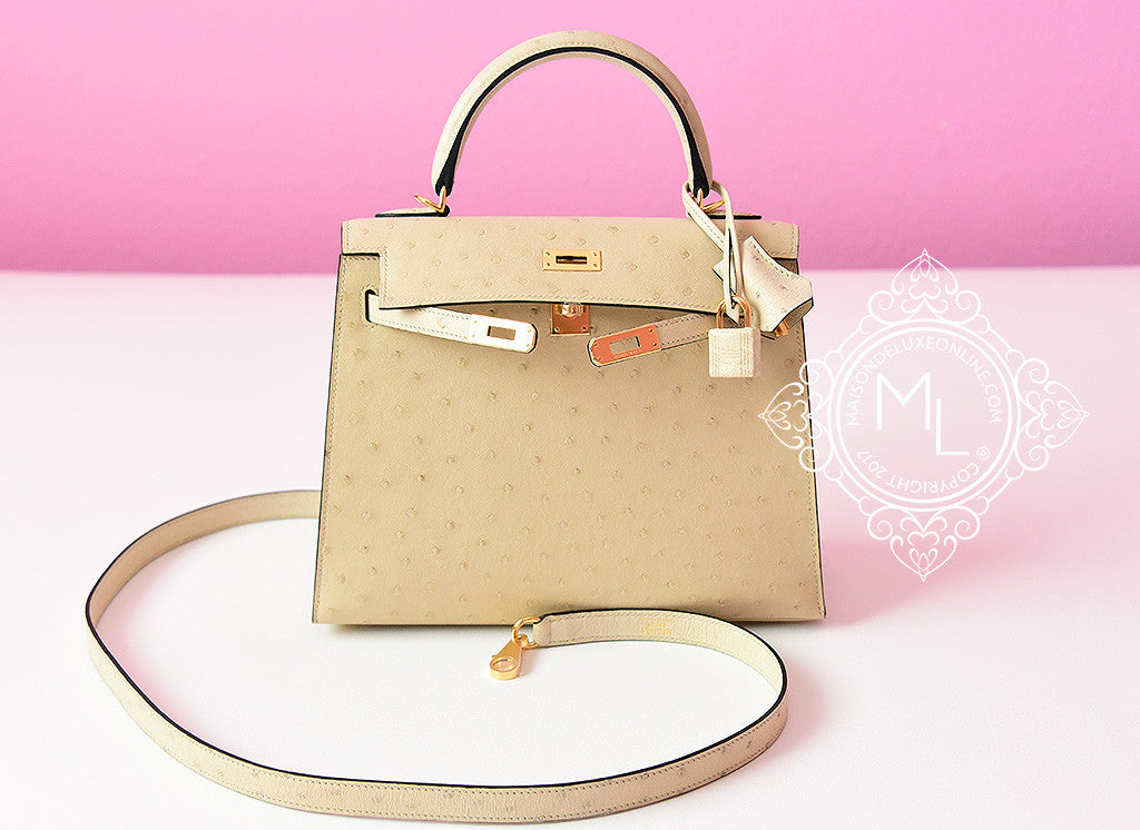 Hermes Kelly Bag Ostrich Leather Gold Hardware In Beige