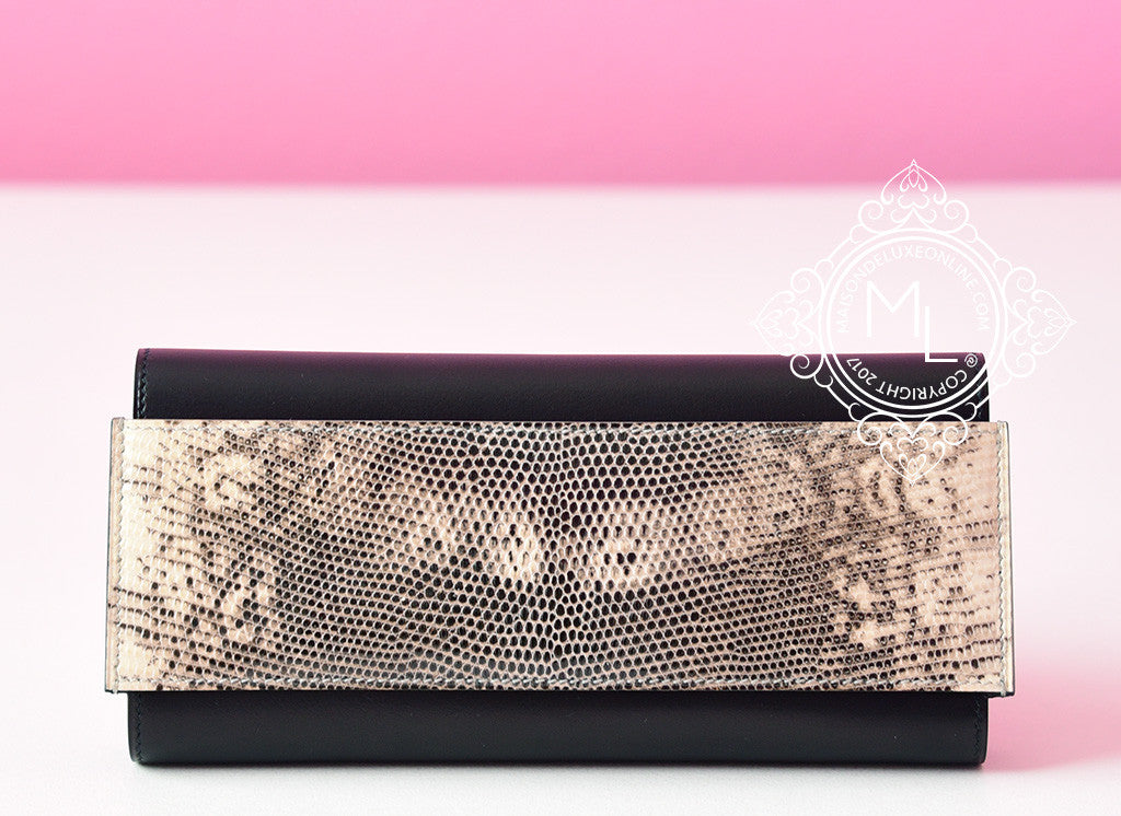 Hermes Black Ombre Lizard Passant Long Wallet Clutch