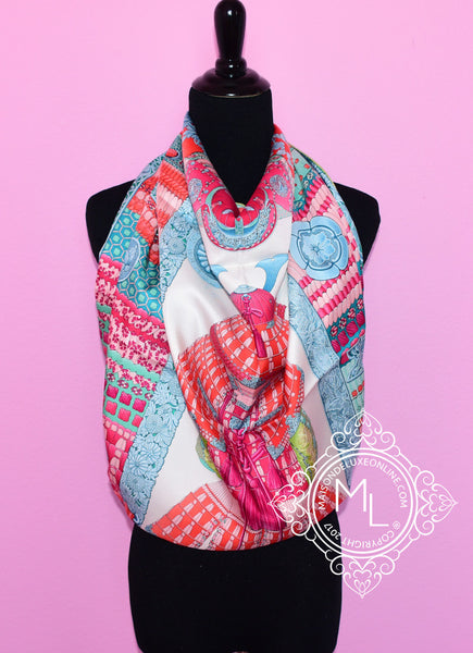 Hermes Aqua Pink Twill Silk 90 Parures De Samourais Scarf