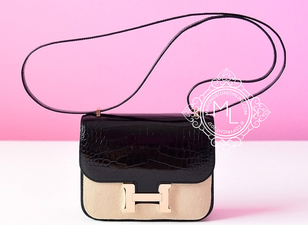 Hermes Black Crocodile Constance Mini 18 Rose Gold Handbag Bag