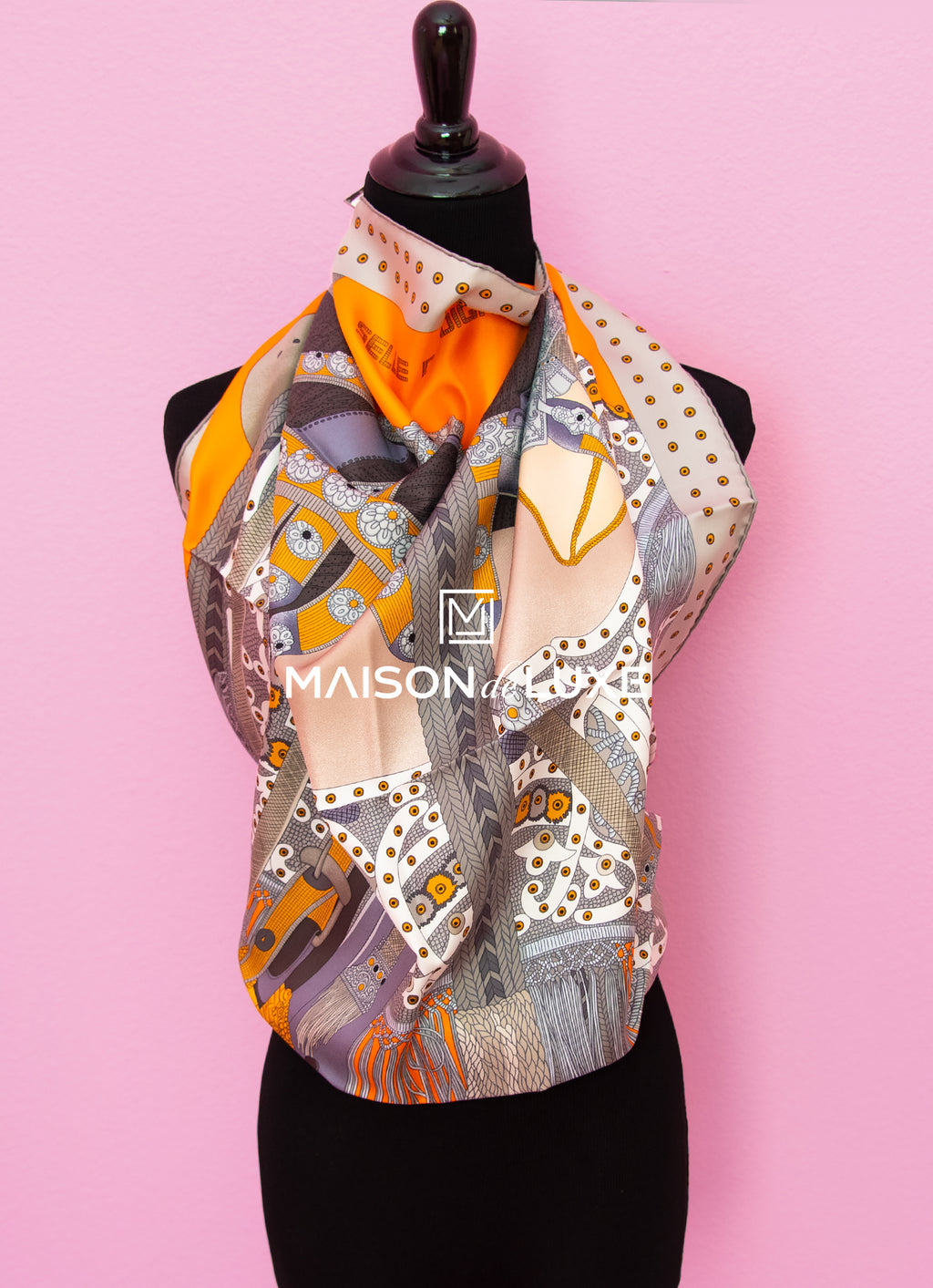 Hermes "Selle de Dignitaire" Orange Twill Silk 90 cm Scarf