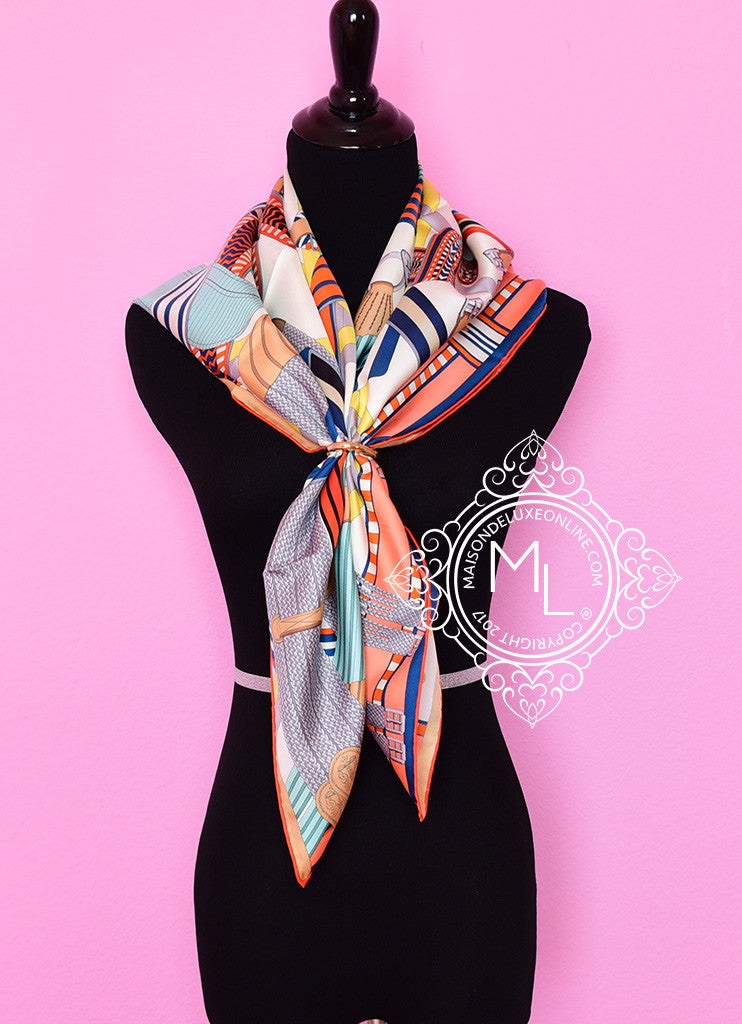 Hermes Ivory Aqua Twill Silk 90 cm Sangles en Zigzag Scarf