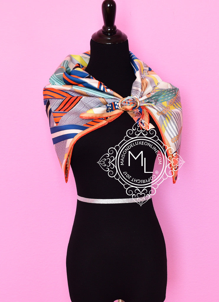 HERMES Scarf Carre 90 Clic-Clac Silk 100% Black, ocher, etc