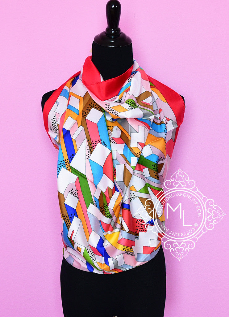 Hermes White Red Twill Silk 90 cm On a Summer Day Scarf Carre
